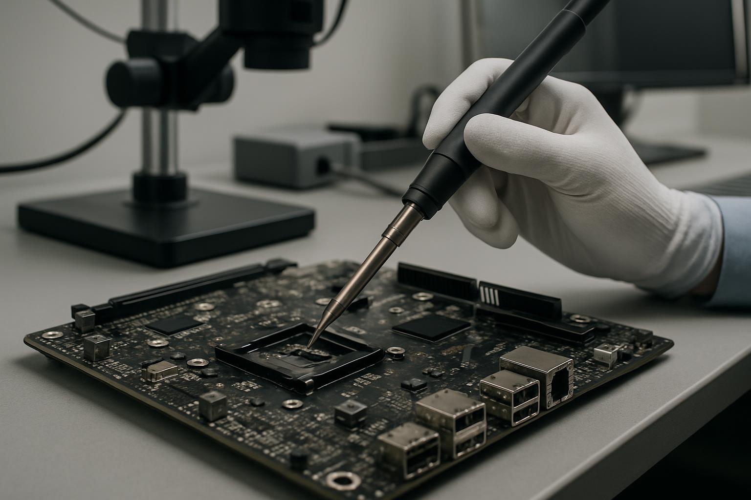 a gloved hand moves a soldering tool on a CNC motherboard.